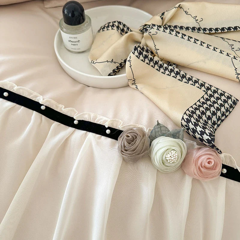 Afralia™ Rose Flowers Lace 1000TC Luxury Princess Wedding Bedding Set