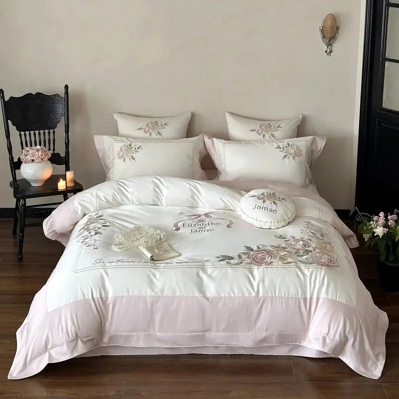 Afralia™ Peony Flowers Embroidery Princess 1000TC Egyptian Cotton Bedding Set 4Pcs