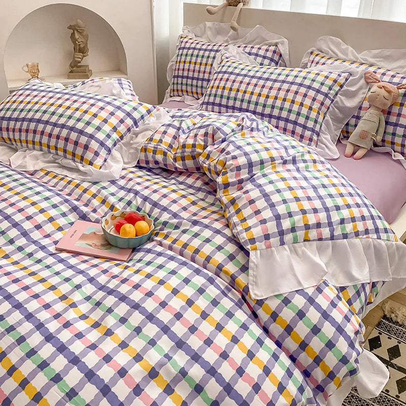 Afralia™ Princess Style Ruffles Duvet Cover Set with Flower Print and Pillow Case