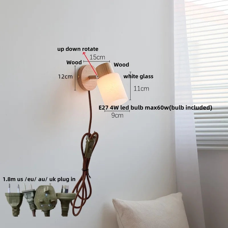 Afralia™ Wood Canopy LED Wall Sconce White Glass Nordic Modern Bedside Lamp