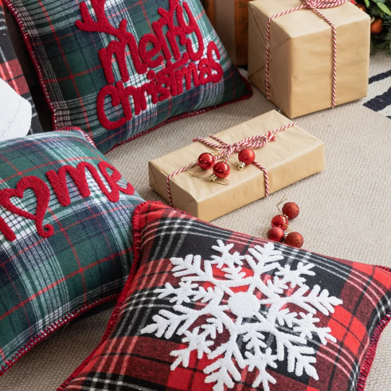 Afralia™ Plaid Christmas Embroidery Cushion Cover - Festive Home Decor