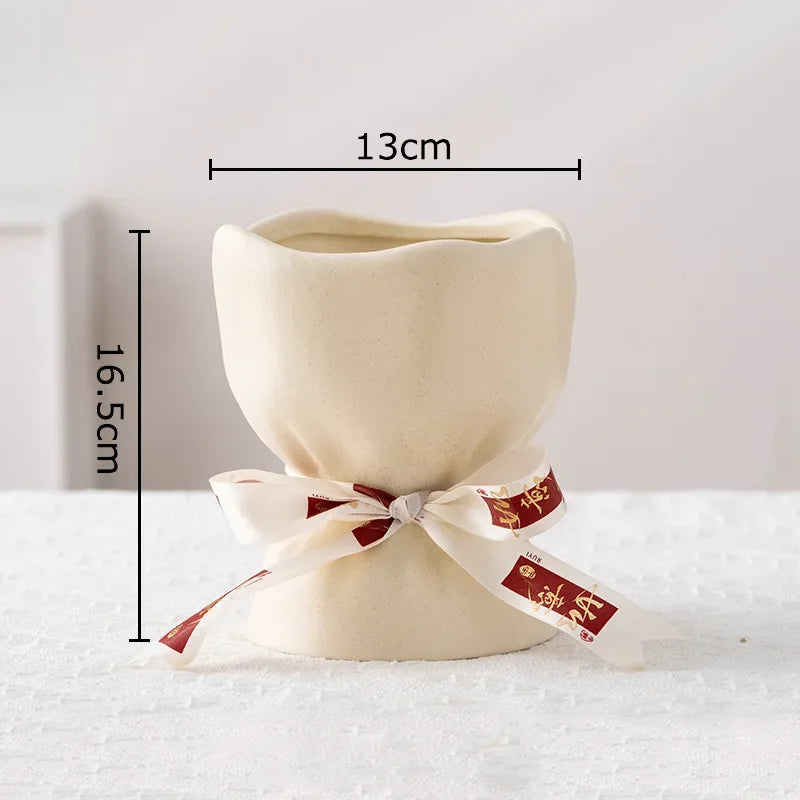 Afralia™ Lovely Ribbon Ceramic Vase Set for Cute Room Aesthetic Decor