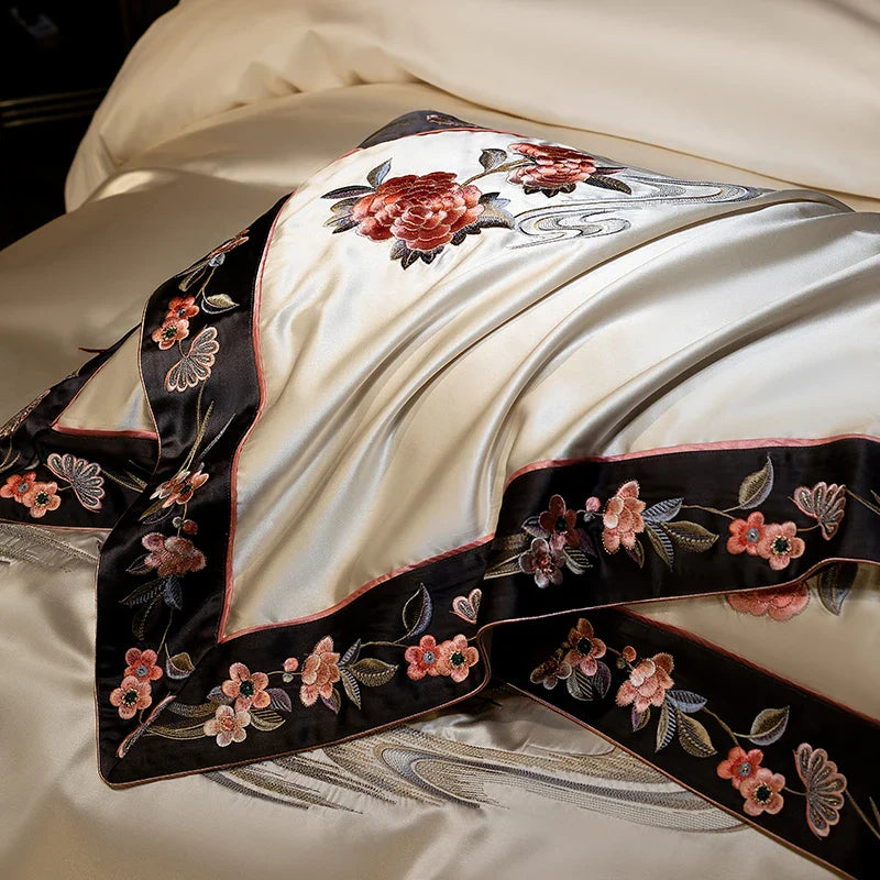 Afralia™ Champagne Flowers Embroidery Luxury Bedding Set - Satin Brocade Cotton Bedding