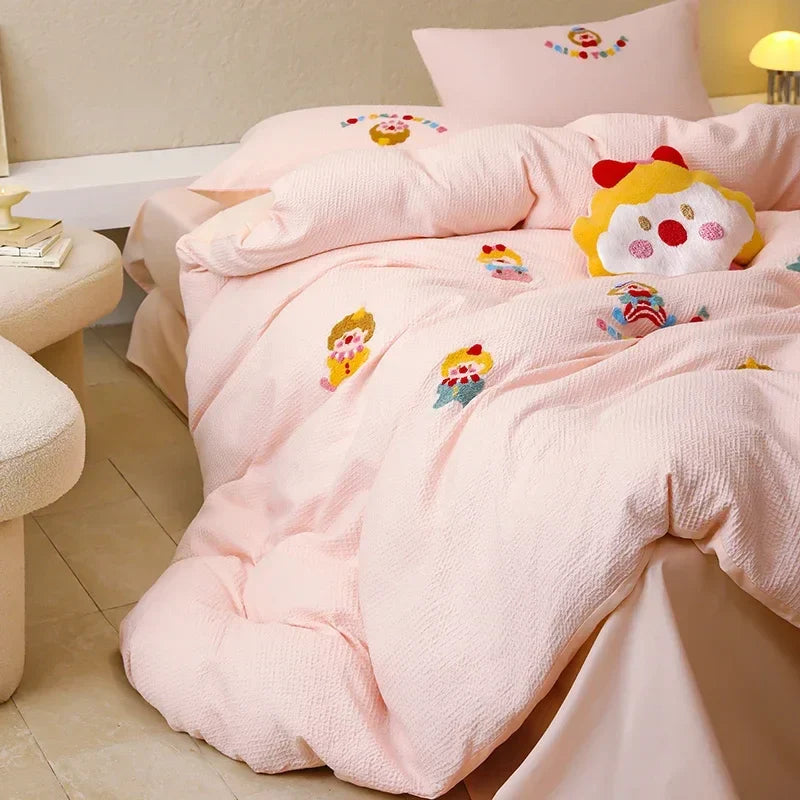 Afralia™ Pink Waffle Cotton Duvet Set with Sheet, Pillow, and Throw - High-End Embroidered Bedding