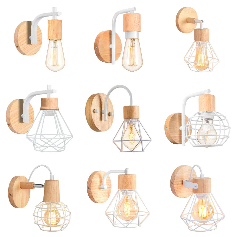 Afralia™ Industrial LED Wood Wall Sconce E27 Retro Bedside Lamp Vintage Indoor Lighting