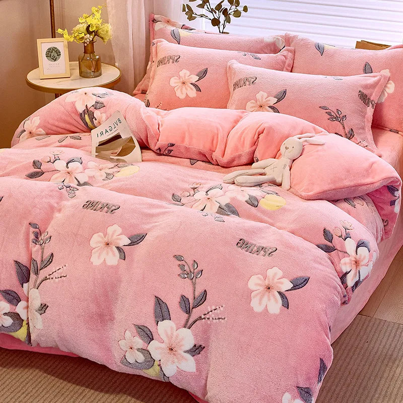 Afralia™ Winter Floral Print Duvet Cover Set with Pillowcases - Double Bed
