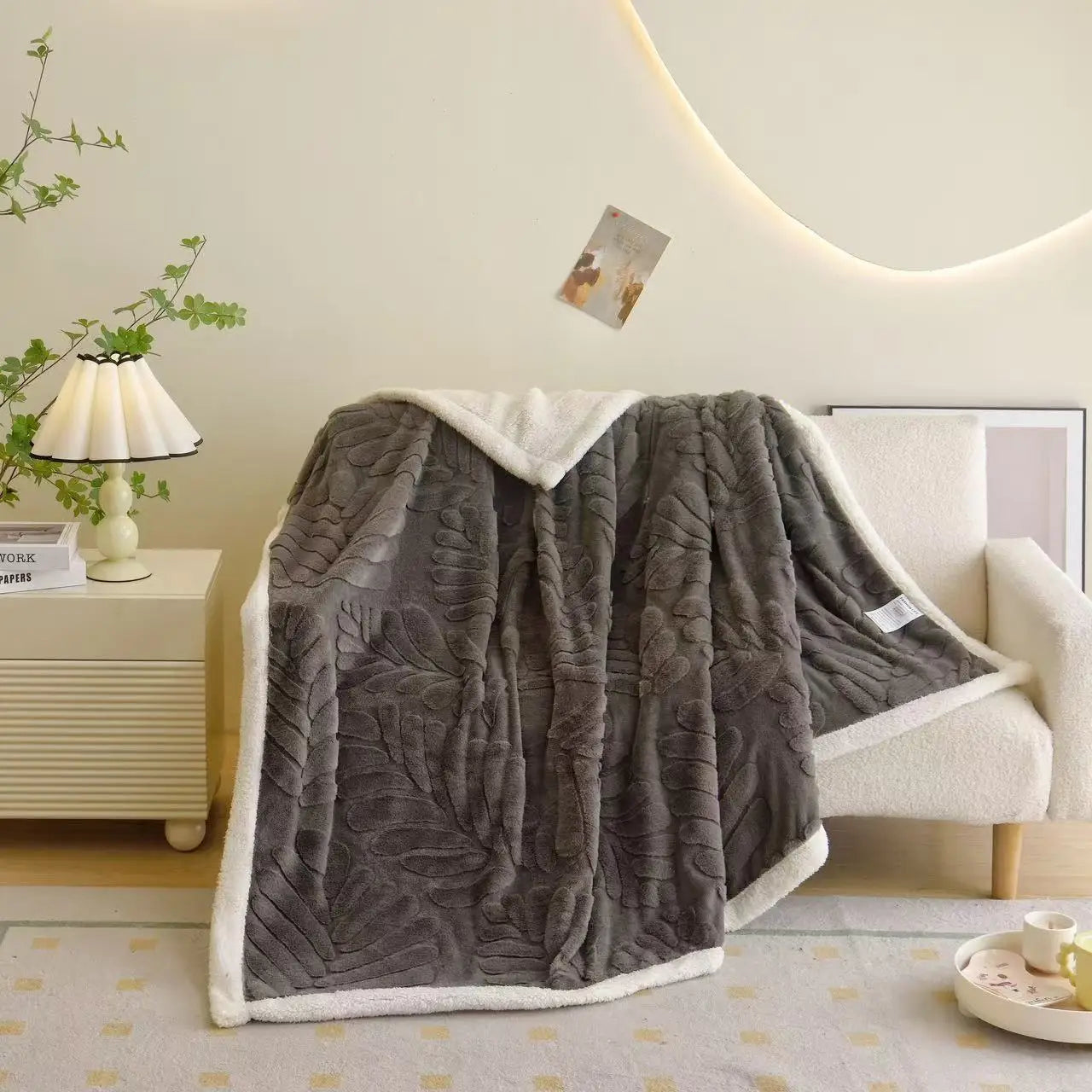 Afralia™ Banana Leaf Jacquard Faux Rabbit Fur Double Layer Lamb Bedspread