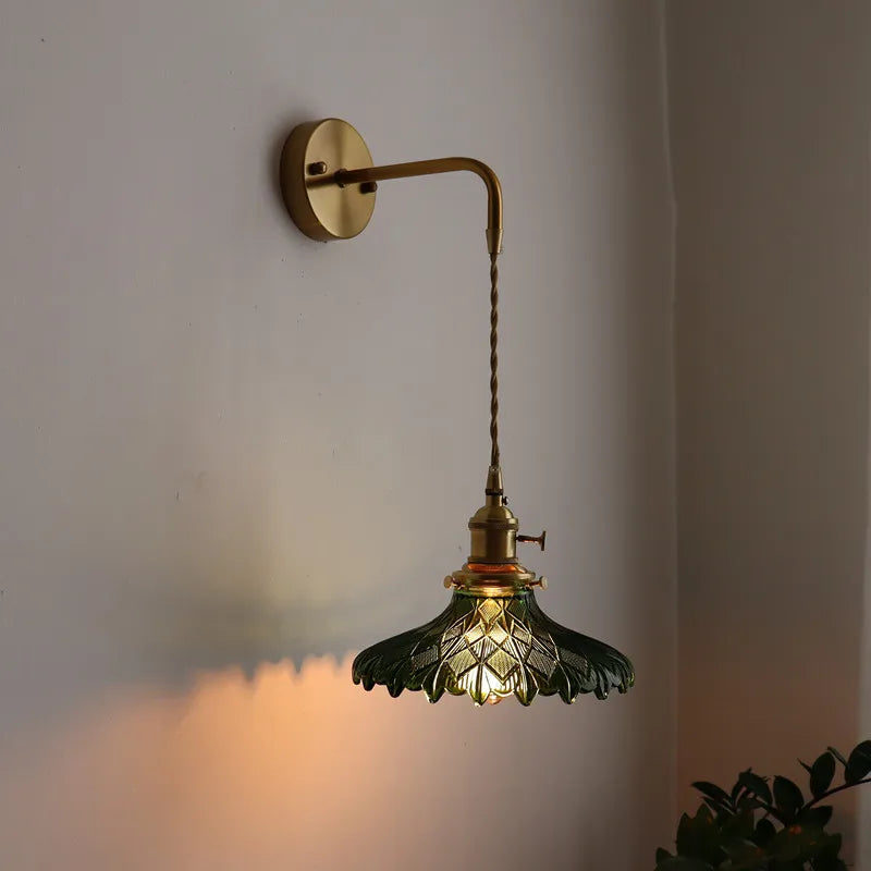 Afralia™ Vintage Green Glass Copper LED Wall Lights Pull Chain Switch Hallway Bedroom Balcony Wall Lamp