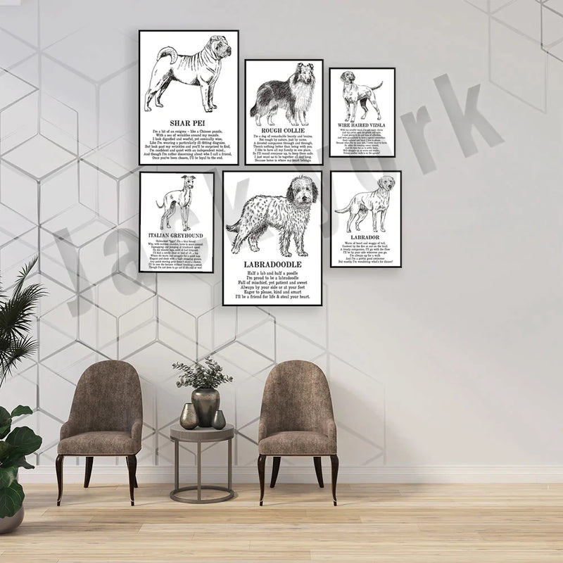 Animal Illustration Poster: Whippet Podenco Cocker Spaniel Labrador Collie Dachshund Italian Greyhound Pug by Afralia.