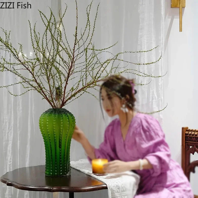 Afralia™ Cactus Frosted Glass Vase Table Decoration Artificial Flower Arrangement