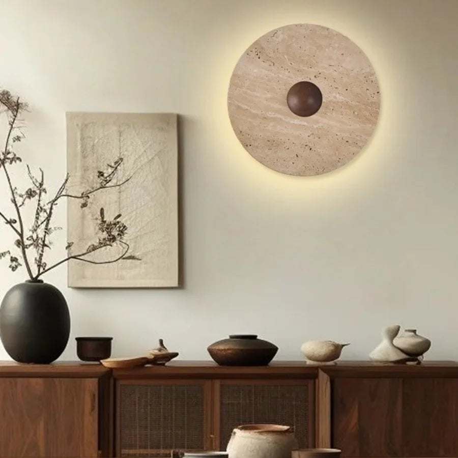 Afralia™ Round Wood LED Wall Lights Sconce for Balcony Staircase, Wabi Sabi Yellow Stone Lamp