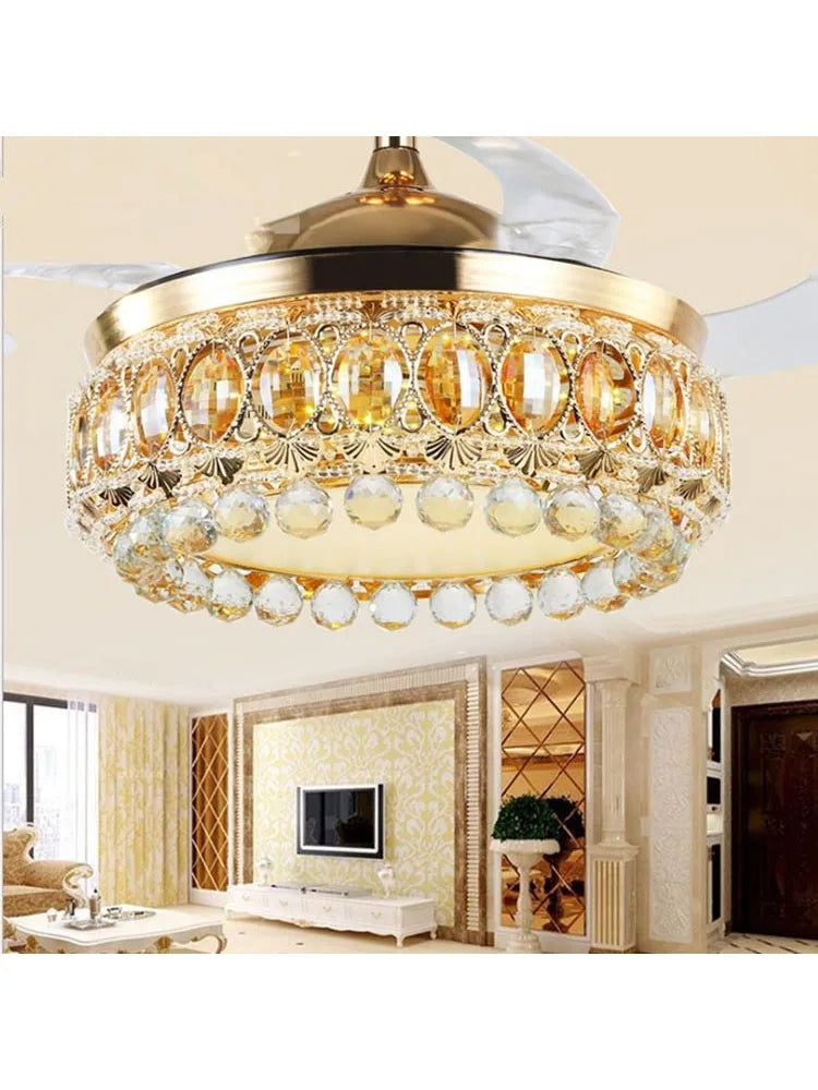 Afralia™ 42 Inch Gold Luxury Crystal Ceiling Fan Light with Remote Control