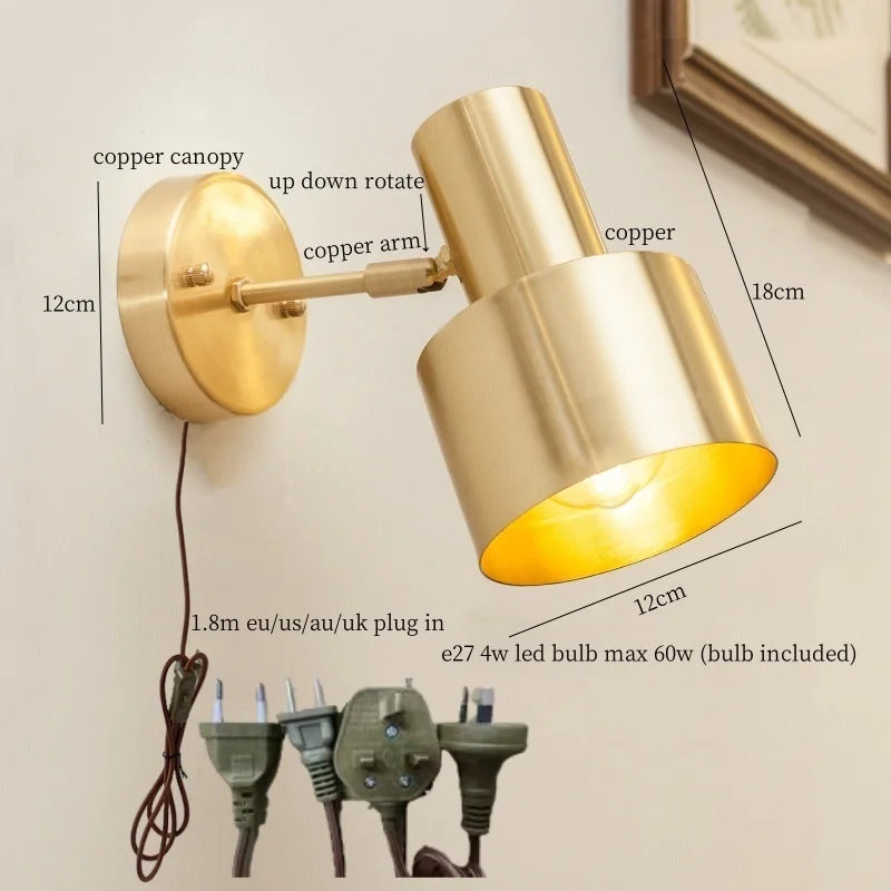 Afralia™ Nordic Copper LED Wall Lamp Pull Chain Switch Wandlamp