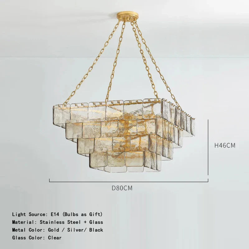 Afralia™ Gold Glass Square Chandelier - Light luxury Living Room Ceiling Fixture