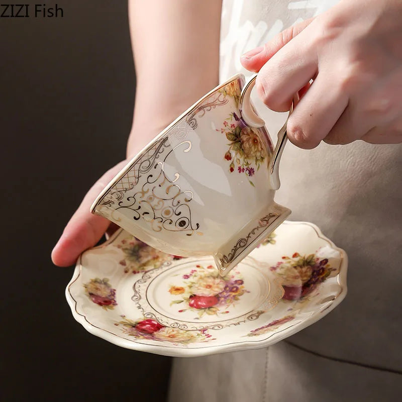 Afralia™ Lace Edge Flower Ceramic Cup & Saucer Set - Gold-plated Teacup for Dining Table