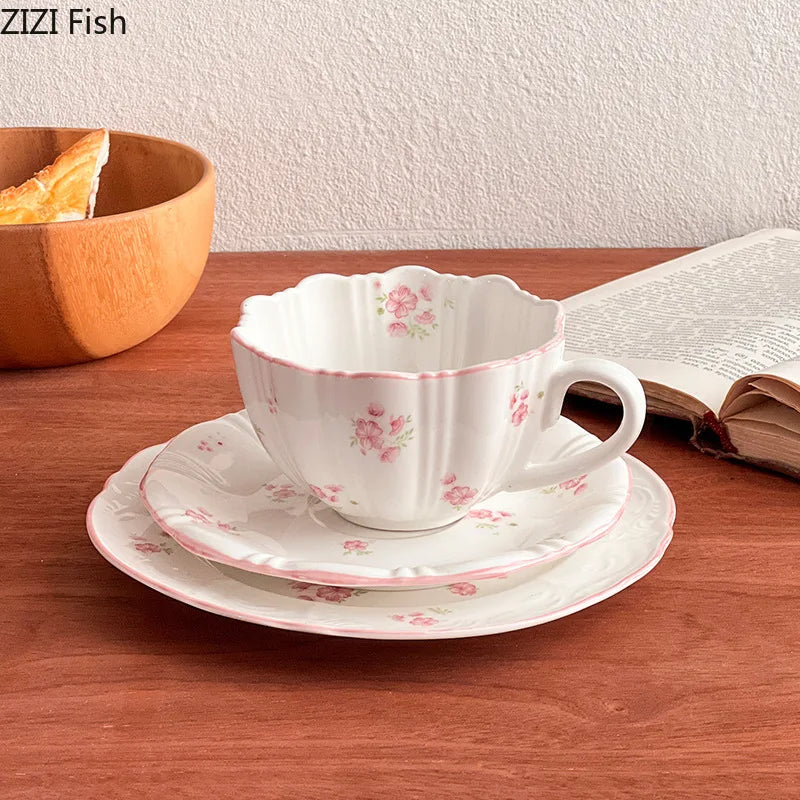 Afralia™ Cherry Blossoms Painted Porcelain Coffee Mug Cup&Saucer Set