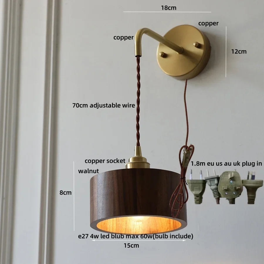 Afralia™ Wood LED Wall Lamp with Copper Socket & Pull Chain Switch - Adjustable Staircase Light
