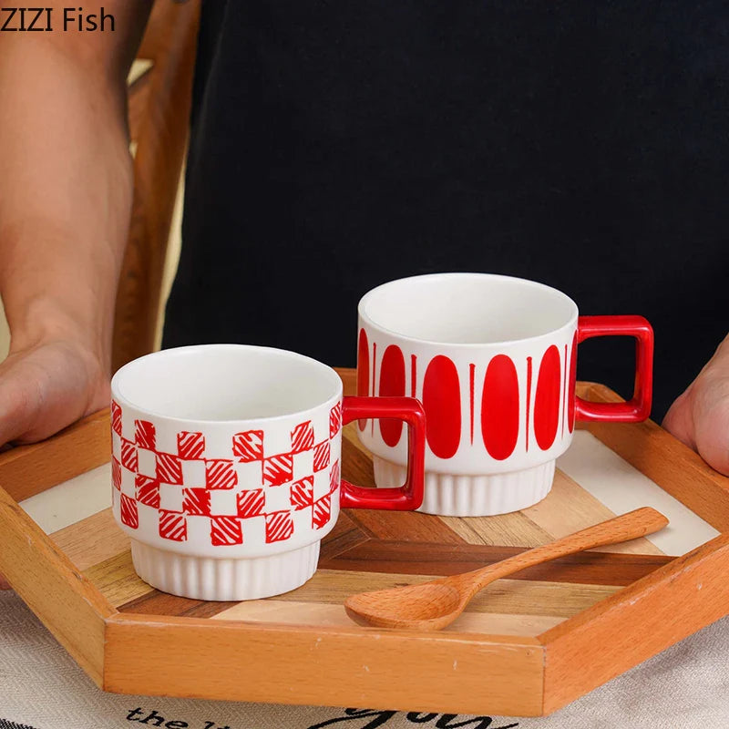 Afralia™ Porcelain Stacking Cup Set - Creative Painted Pattern Tea & Coffee Mug