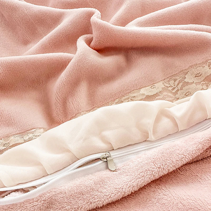 Afralia™ Pink Rose Lace Ruffles Bedding Set: Velvet Fleece, Duvet Cover, Sheet, Pillowcase