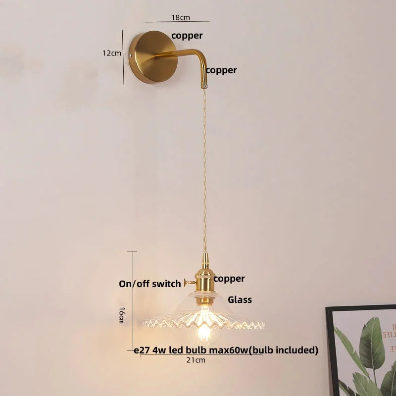 Afralia™ Copper LED Glass Wall Sconce with Pull Chain Switch for Living Dining Room