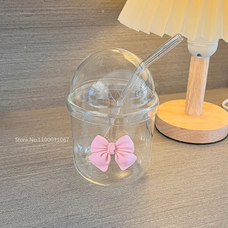 Afralia™ Glass Cup with Lid, Straw, and Pink Bow Tie: Cute, Simple, High-Value Coffee Cup