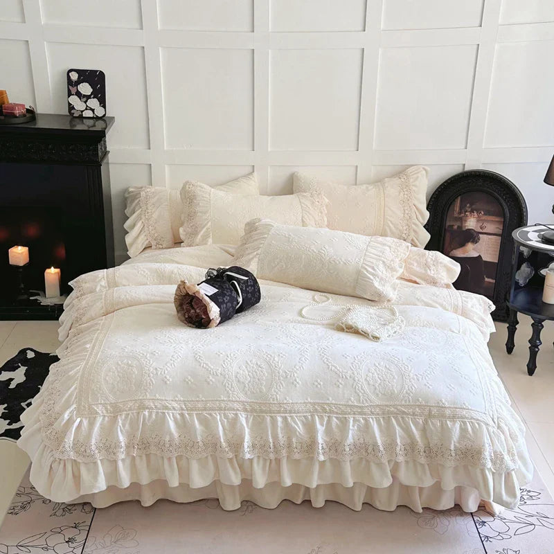 Afralia™ Lace Ruffles Velvet Wedding Bedding Set with Carved Details