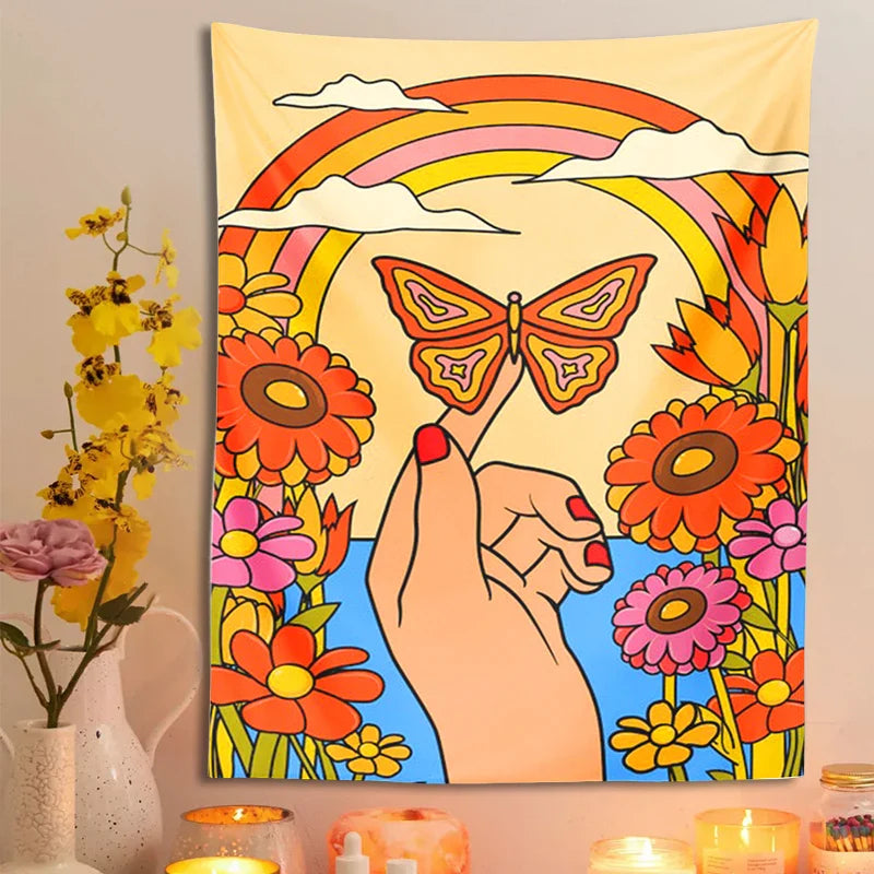 Afralia™ Butterfly Rainbow Tapestry Wall Hanging: 70s Vintage Retro Flower Child Psychedelic Art