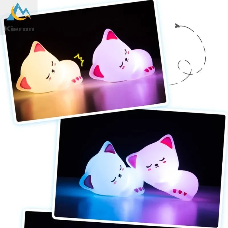 Afralia™ Cat LED Night Light - USB Rechargeable, Seven Colors, Soft Silicone