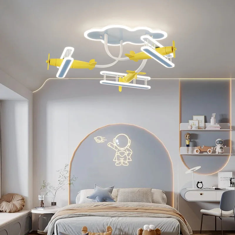 Afralia™ Cartoon Plane Chandelier Light Kids Room Ceiling Lamp Remote Control