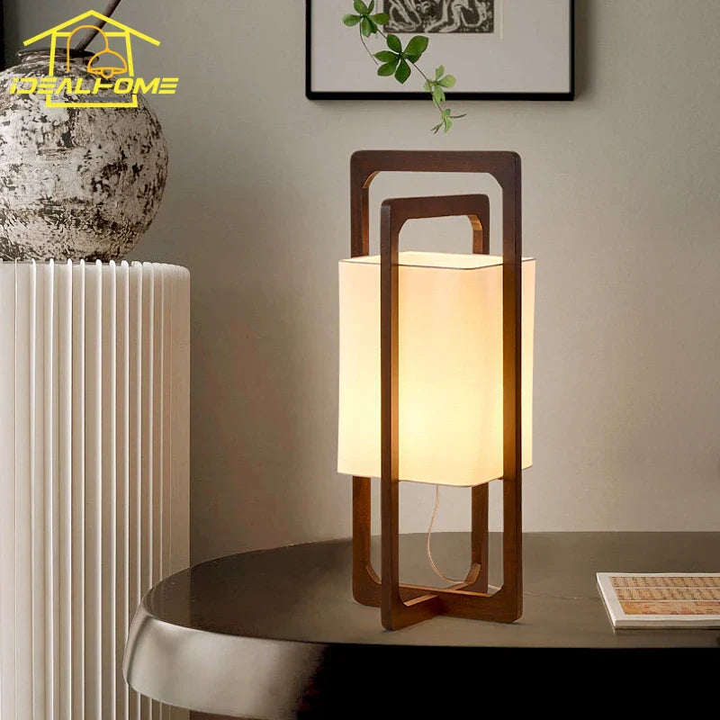Afralia™ Zen Walnut Wood Table Lamp LED E27 Fabric Lampshade for Bedroom Living Room