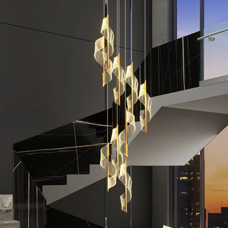 Afralia™ Modern Gold Spiral Stairs Acrylic Chandelier LED Pendant Lighting Spiral Stairs Hanging Luminarias