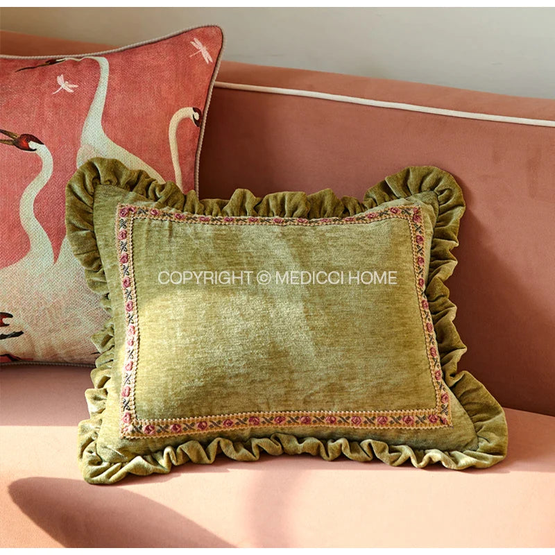 Afralia™ Luxe Chenille Ruffled Green Lumbar Pillow Cover 35x45