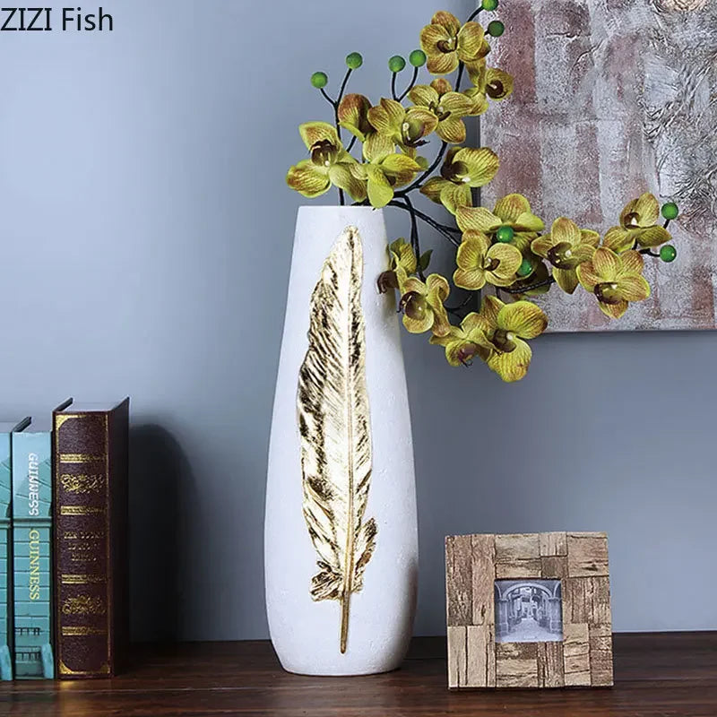 Afralia™ Gold Feather Vase & Artificial Flowers Set - Modern Home Decor