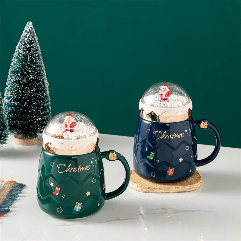 Afralia™ Santa Claus Ceramic Mug with Snowball Lid | Creative Xmas Gift Home Office Cup