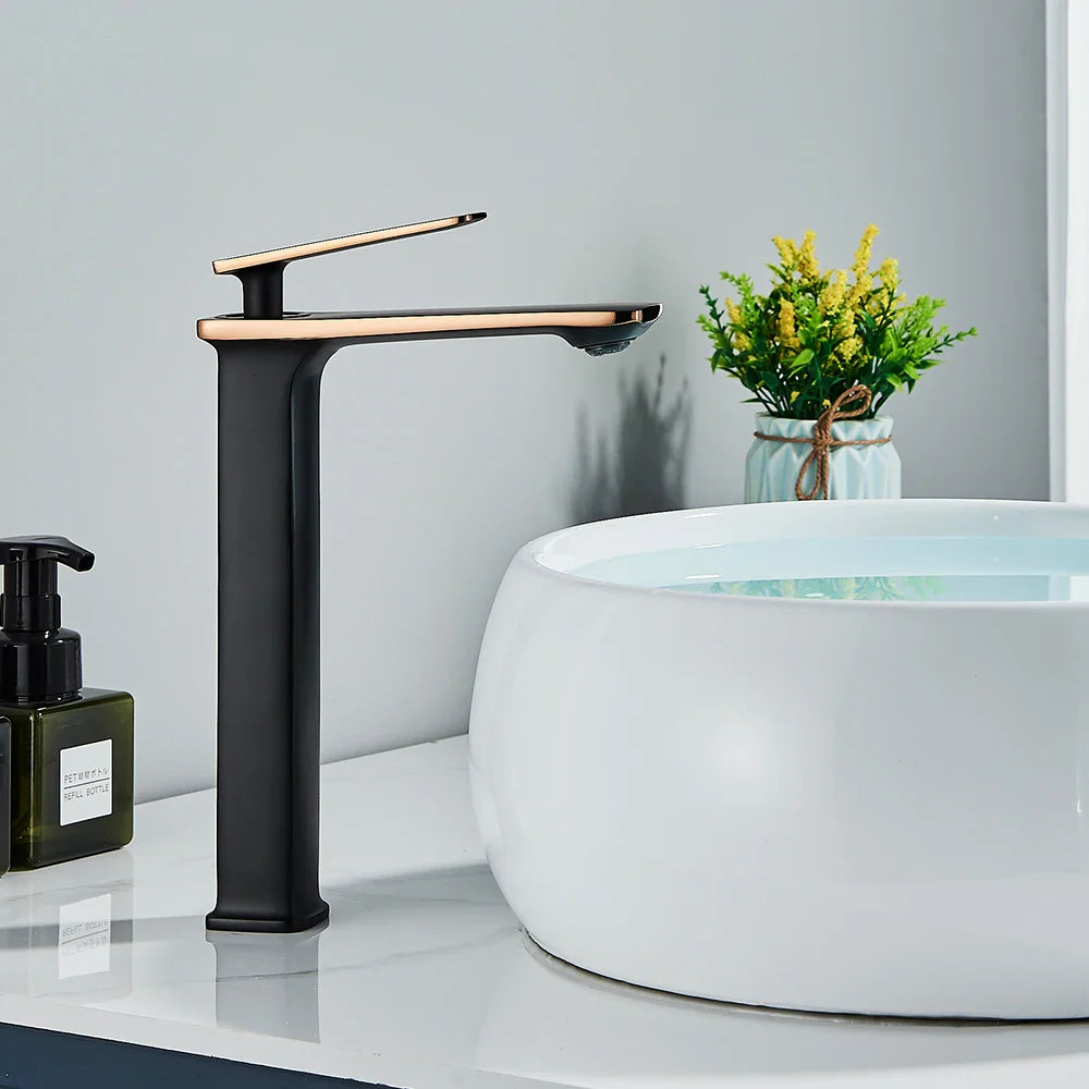 Afralia™ Black Rose Gold Basin Faucet: Modern Deck Mounted Sink Mixer Tap for Luxury Bathrooms