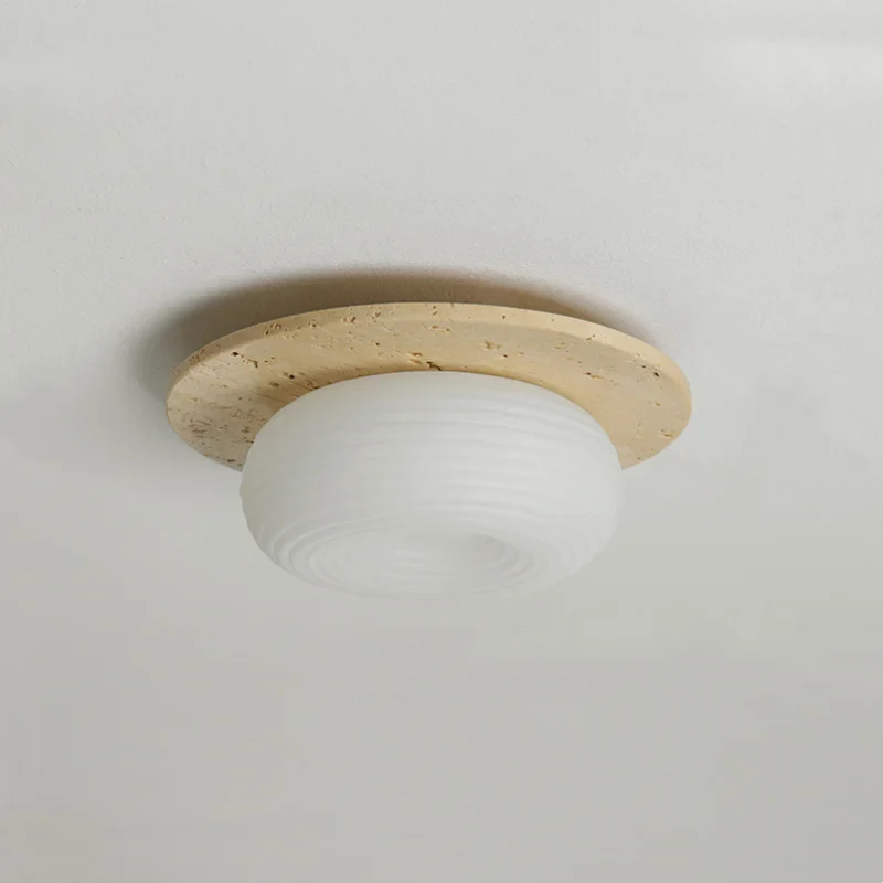 Afralia™ Wabi Sabi LED Ceiling Light Fixture Yellow Travertine White PE Round Lampshade