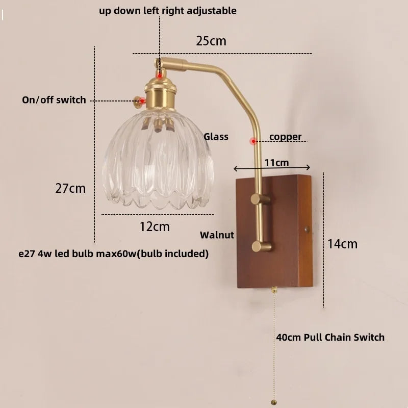Afralia™ LED Glass & Wood Wall Lamp with Pull Chain Switch for Living Room, Bedroom, Bathroom