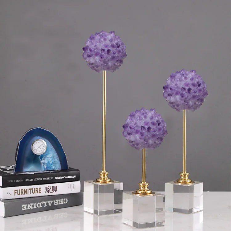 Afralia™ Crystal Flower Glass Craft Hyalinite Sculpture Metal Decorative Figurine