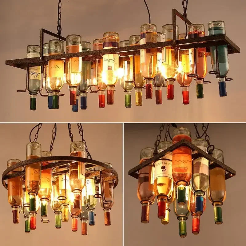 Afralia™ Industrial Metal Wine Bottle Chandelier for Coffee Shop Bar LED Decor