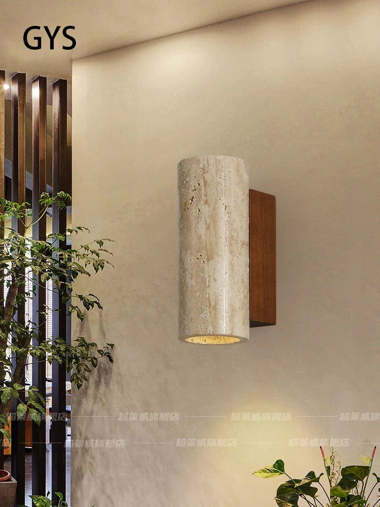 Afralia™ Yellow Travertine Stone Wall Lamp Vintage Style Cream Wood Lights