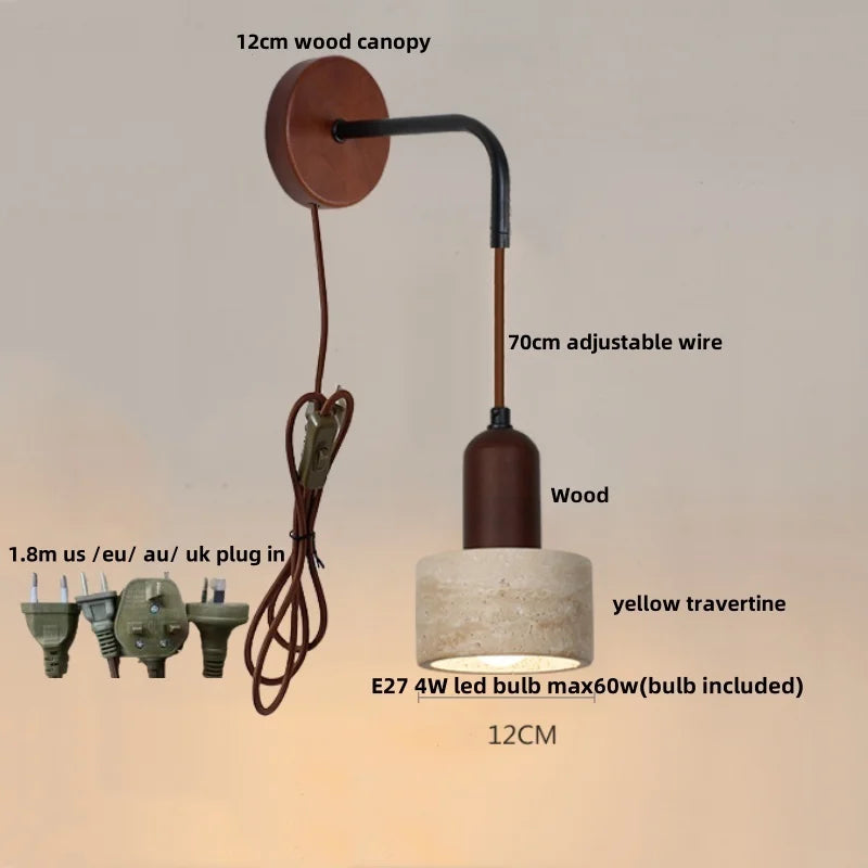 Afralia™ LED Wall Lamp Pull Chain Switch Wood Nordic Modern Yellow Travertine Mirror Light