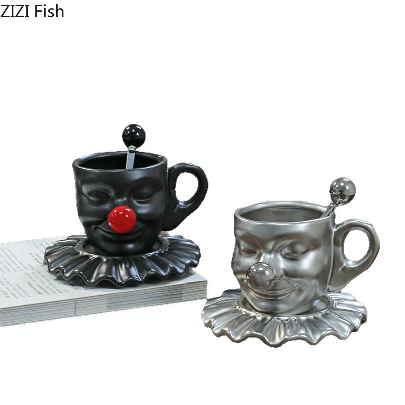 Afralia™ Joker Head Cup & Saucer Porcelain Coffee Mug Set - Clown Character Tea Teacup