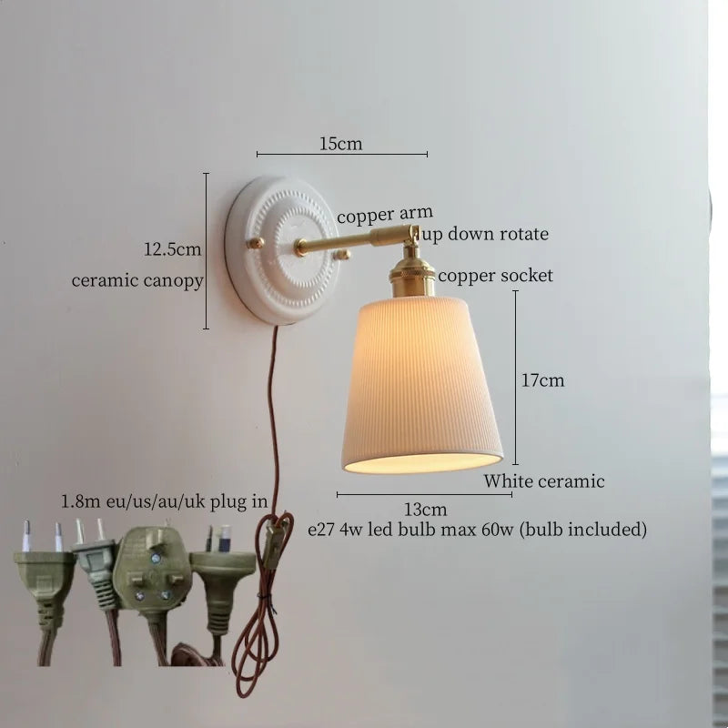 Afralia™ White Glass LED Wall Lights Pull Chain Switch Copper Arm - Bedroom Stair Living Room Mirror Bedside Lamp