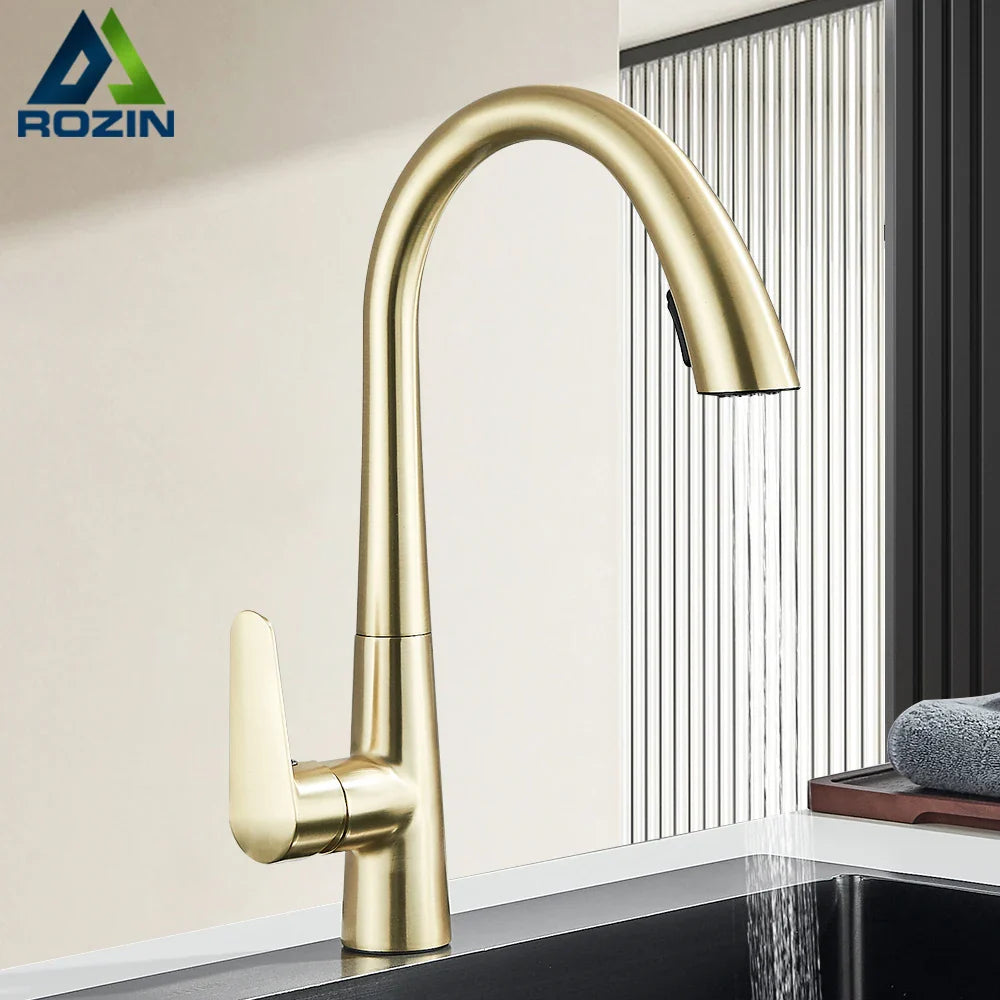 Afralia™ Brushed Gold Gourmet Kitchen Faucet with Flexible Pull Out Mixer Tap