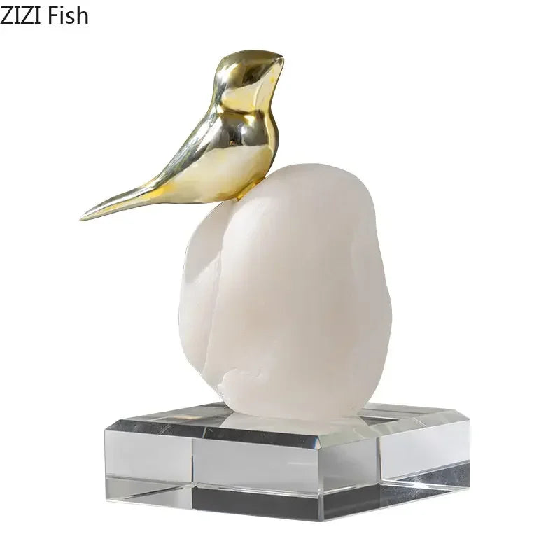 Afralia™ Golden Bird Statue Crystal Base Desk Ornament, Gold-plated Modern Home Decoration