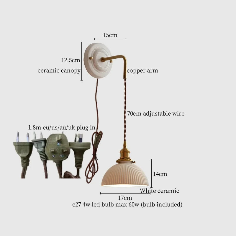 Afralia™ Small Pleats Ceramic LED Wall Light for Bedroom Stair Bathroom with Copper Arm