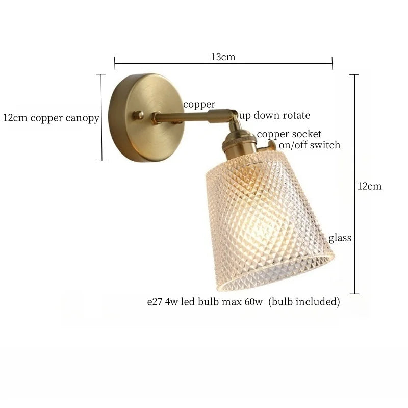 Afralia™ Clear Brass Glass LED Wall Lamp Pull Chain for Living Room Bedroom Loft
