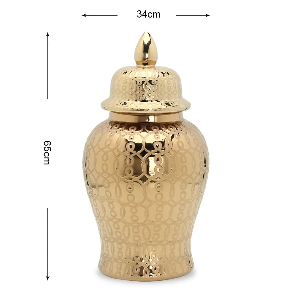 Afralia™ Golden Pattern Porcelain Ginger Jar Vase with Lid for Home Decor