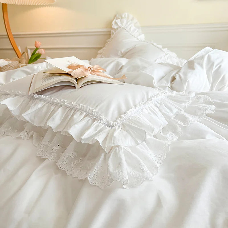 Afralia™ Korean Princess Style Double Ruffle Bedding Set for Queen King Bed