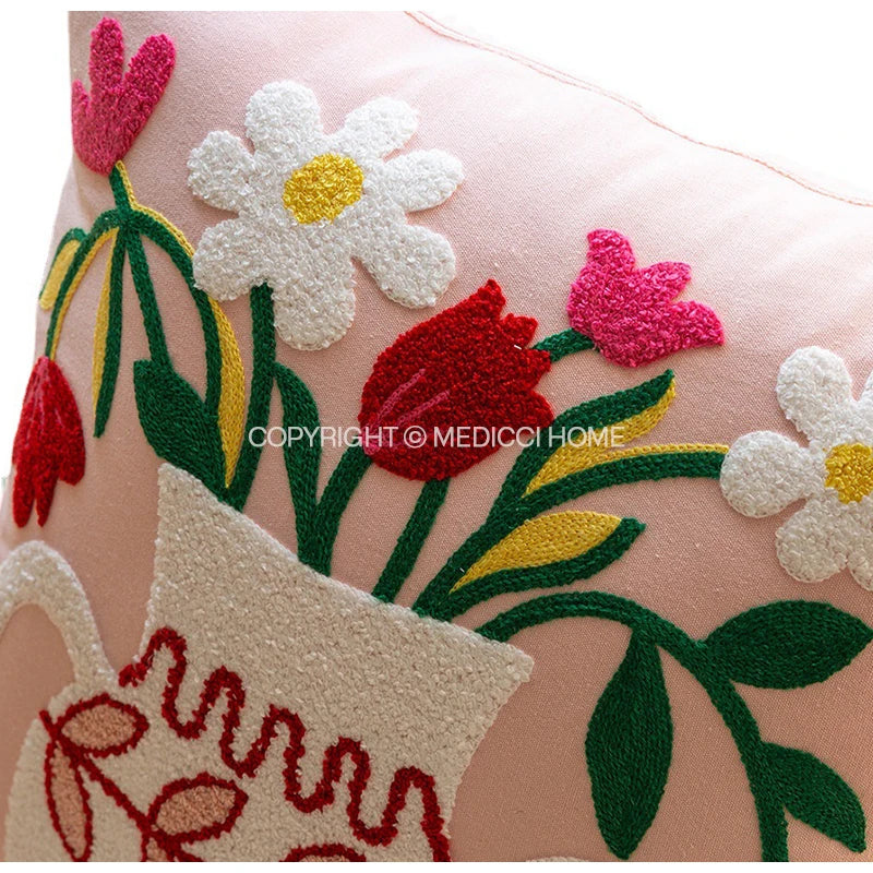 Afralia™ Pink Flowers & Vase Embroidered Pillow Cover 45x45cm Sofa Couch Armchair